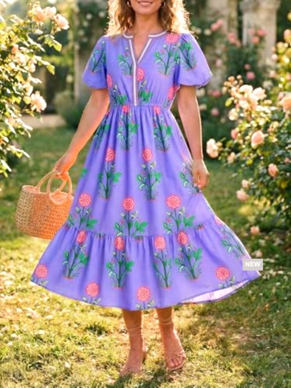 Summer Floral Maxi Dress A-Line Puff Sleeve V-Neck Boho Beach Vacation - Picture 2 of 7